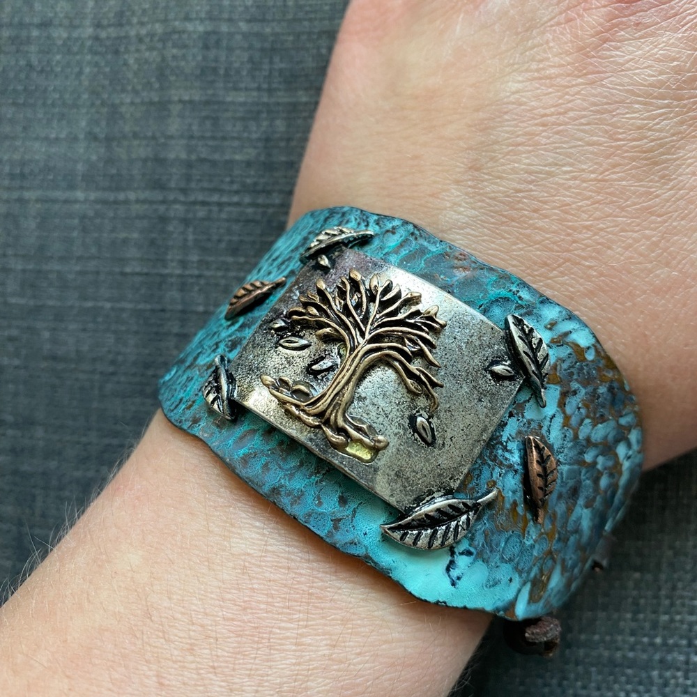Tree Turquoise and Brown with Gold Accent Iron Bracelet with Adjustable Strap